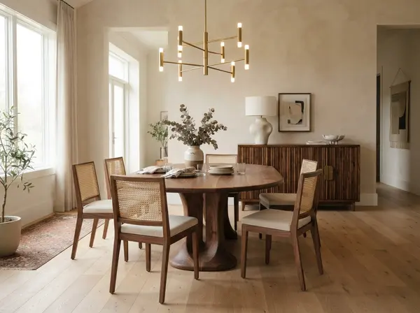 Walnut dining table with cane-back chairs under a brass chandelier