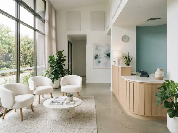The clinic reception with an oak desk, a teal wall and white armchairs