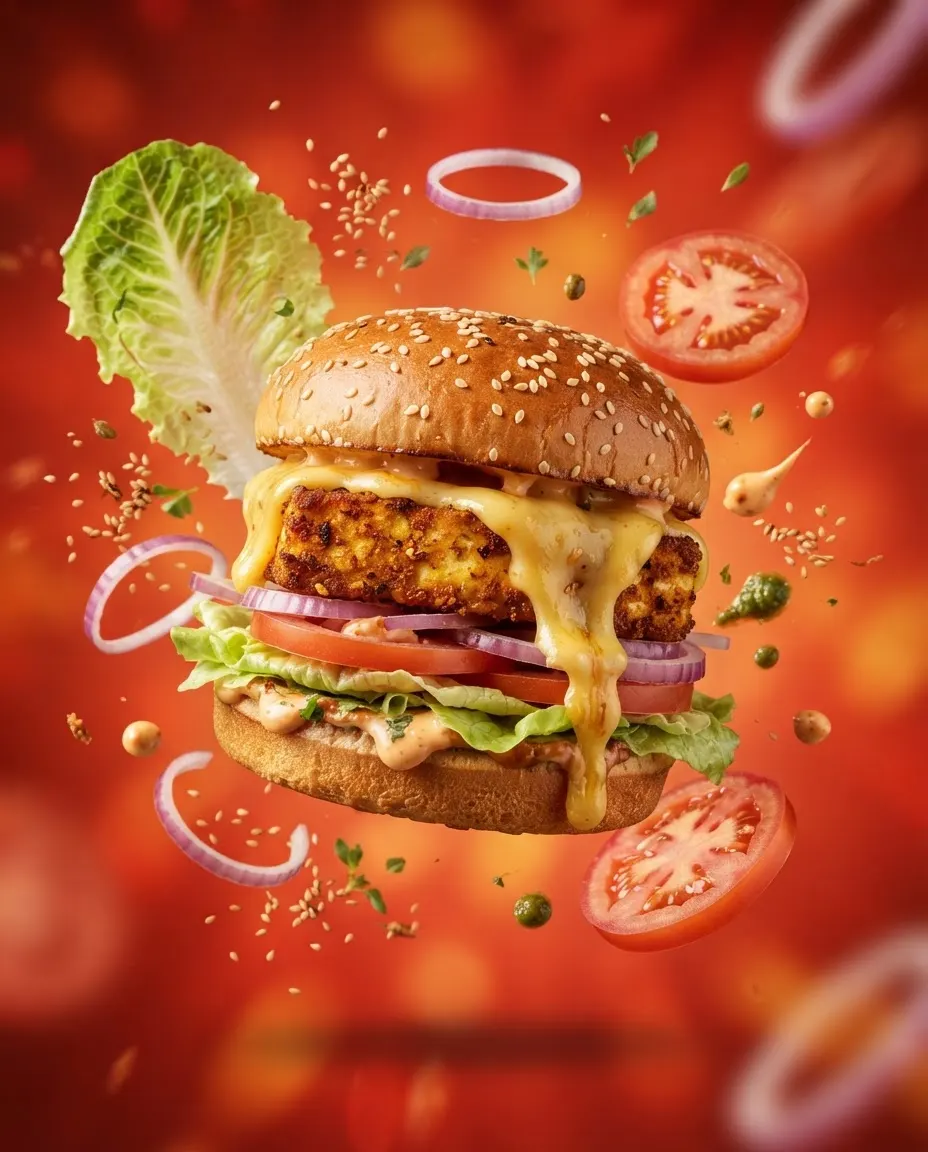 Food ad: paneer burger with melting cheese and its ingredients flying around it on a red background