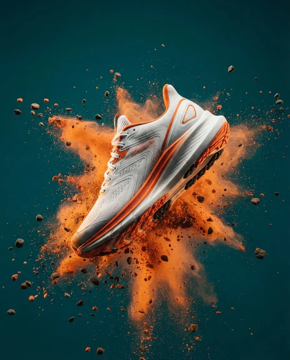 Product ad: white and orange running shoe flying through a burst of orange powder on deep teal