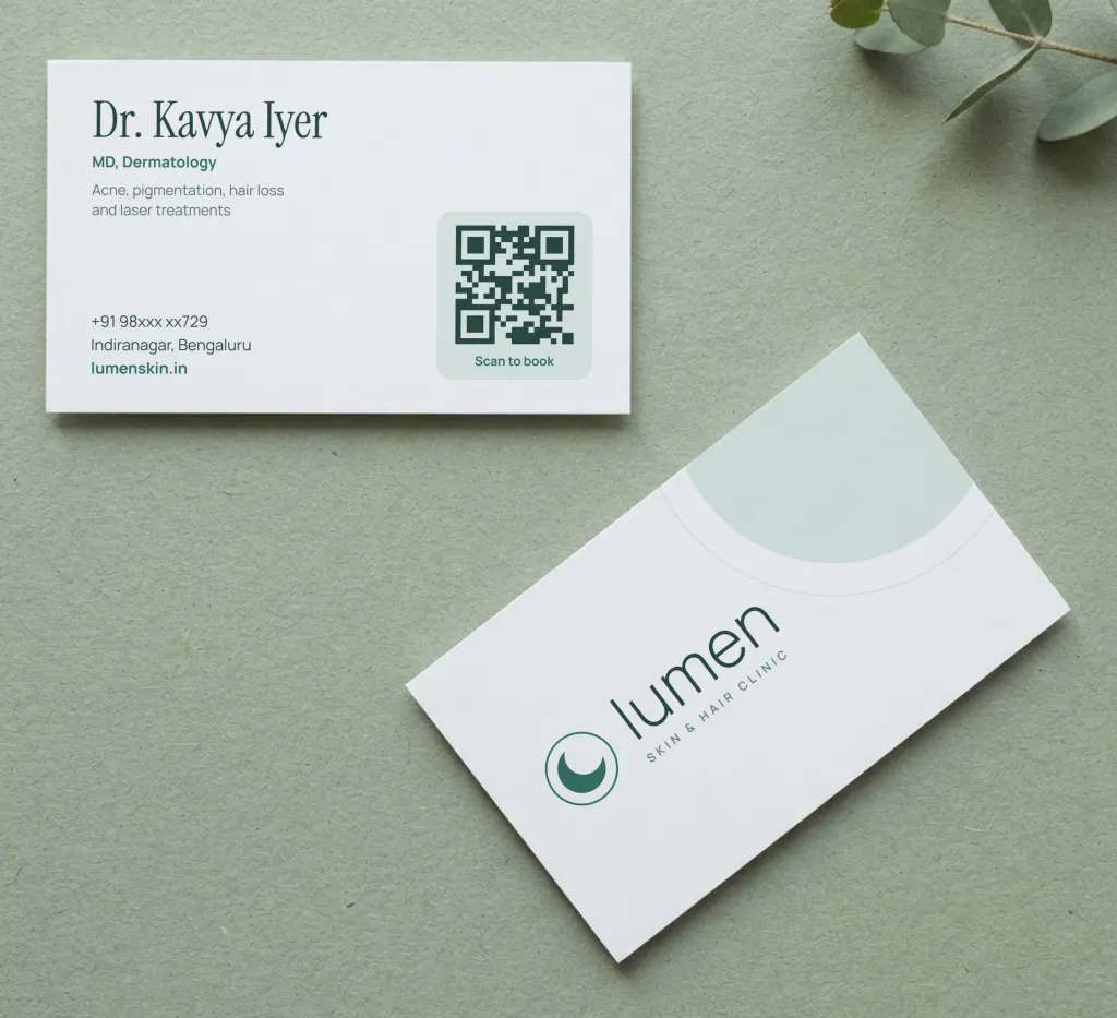 White skin clinic business cards with a sage green moon logo, and a back with the doctor, treatments and a QR code to book a visit
