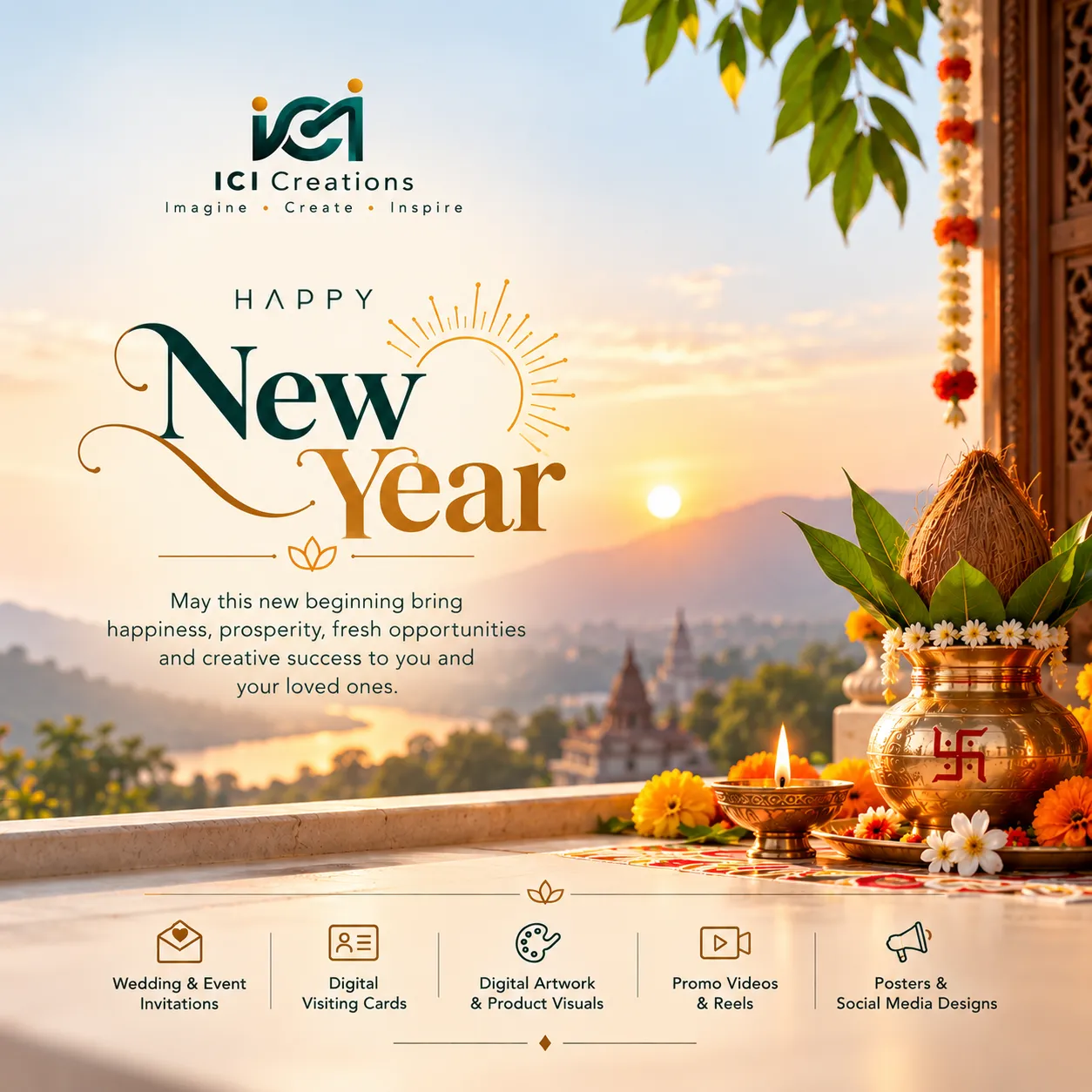 Business New Year greeting: Happy New Year in green and gold over a sunrise above a temple town, with a brass kalash, diya and marigolds